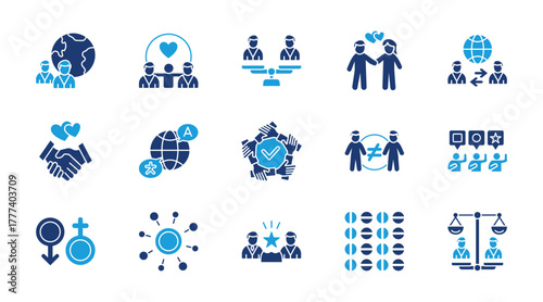 Diversity thin flat blue icon set. Containing inclusion, equality, belonging, culture, tolerance, languanges, unity, difference, ethnicity, gender. Vector illustration
