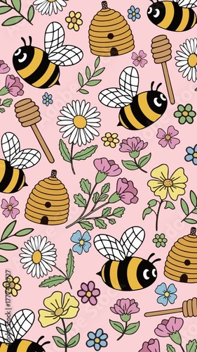 Seamless looping animation of cute bees flying around colorful flowers and honey hives on a pastel pink background. Perfect for spring, kids content, and cheerful backgrounds