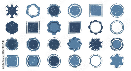 A collection of 24 blue grungy stamps with different shapes including circles squares and starburst designs