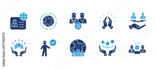 Diversity thin flat blue icon set. Containingcitizenship, global, gender equality, respect, equity, harmony, acceptance, multicultural, assortment, diversity. Vector illustration