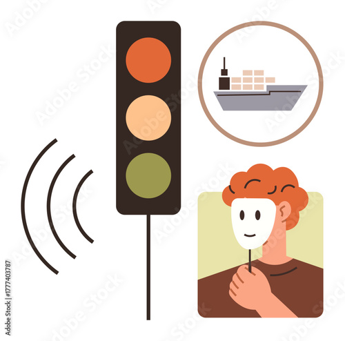 Traffic light with sound waves, cargo ship with containers, and person holding mask. Ideal for international trade, ethics, shipping, regulation, deception logistics transparency. Simple flat