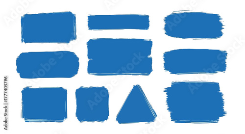 A collection of blue brushstrokes of different shapes and sizes on a white background