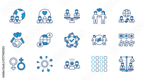 Diversity thin blue icon set. Containing inclusion, equality, belonging, culture, tolerance, languanges, unity, difference, ethnicity, gender. Vector illustration