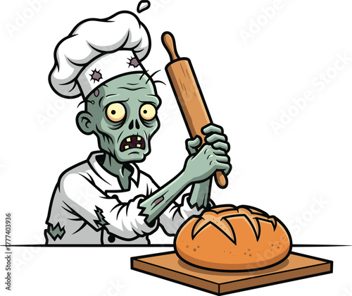 Zombie chef character illustration, undead cooking concept, horror kitchen theme, creepy baker figure, decayed culinary art, eerie bread scene, dark food satire design