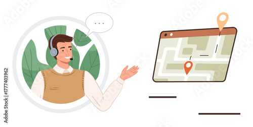 Smiling customer service agent with headset explaining map route on digital display. Ideal for navigation support, logistics, travel assistance, remote guidance, communication, technology, user