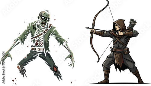 Zombie confrontation, hooded archer, horror fantasy, undead battle, glowing eyes, medieval combat, blood stains, dramatic pose, vector art, tense moment, epic fight