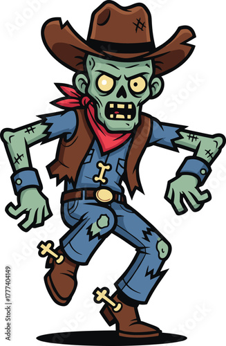 Zombie cowboy character, cartoon undead sheriff, horror western illustration, spooky gunslinger vector, Halloween monster design, creepy wild west theme, scary outlaw art