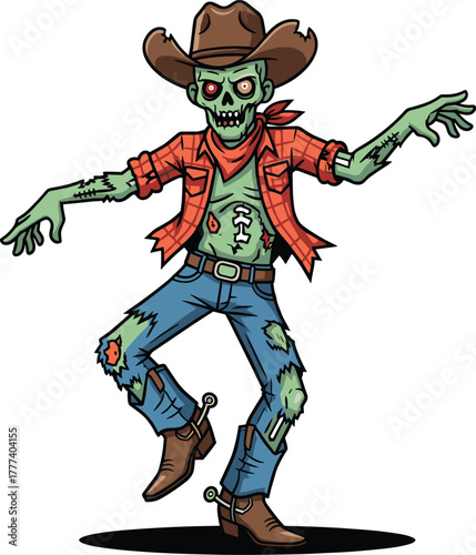 Zombie cowboy in dynamic pose, cartoon undead western character, horror Halloween illustration, spooky wild west concept, creepy gunslinger design, tattered outfit scene