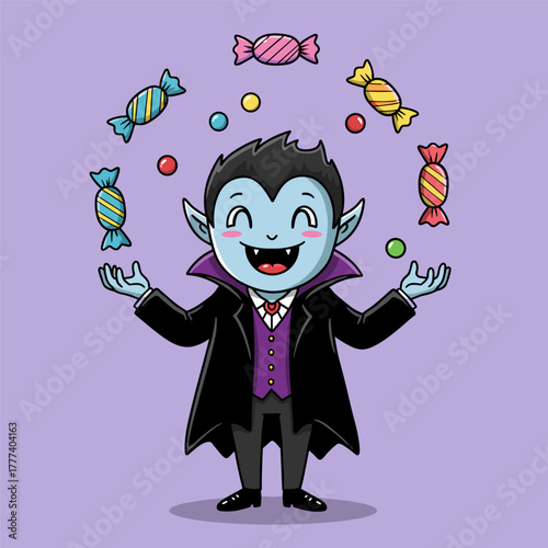 Happy cartoon vampire in a cape juggling colorful Halloween candies on a light purple background.