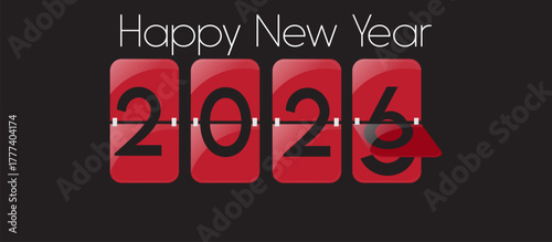 Modern 2026 Happy New Year Digital Graphic Design with Black Background, White Header Text, and Red Calendar Squares — Minimalist Holiday Illustration for Social Media, Greeting Cards, and Web Banners