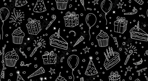 A festive black and white pattern of birthday elements