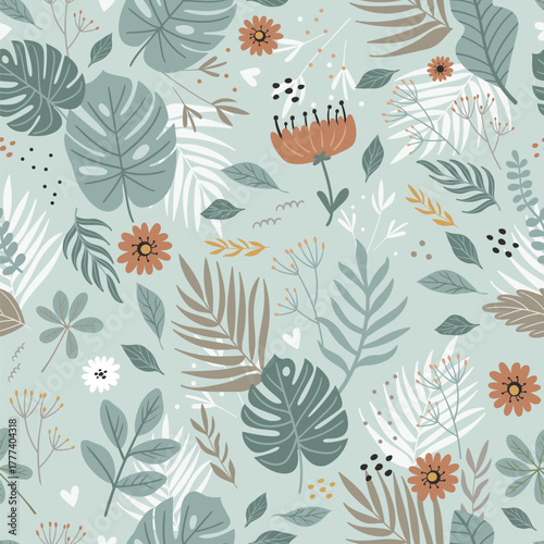 Vector simple seamless pattern with monstera leaves, flowers, branches. Perfect for bedding, clothing, wallpaper, textiles and holiday packaging