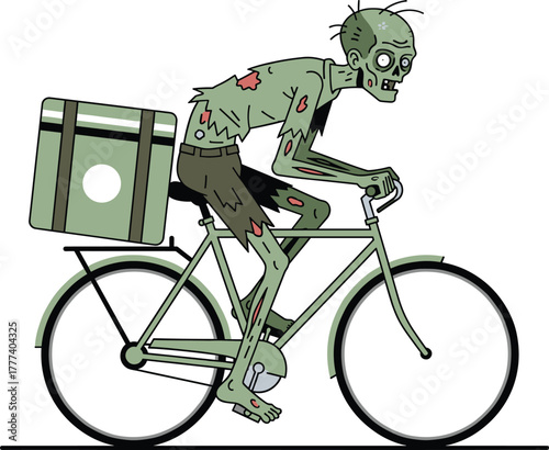 Zombie delivery rider on bicycle, cartoon undead courier character, horror Halloween illustration, spooky transport concept, creepy food delivery scene, tattered clothing design