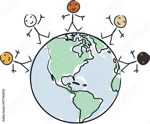 Cute childlike illustration of world peace concept, with children holding hands around Earth. Colorful, happy and positive drawing promoting unity, friendship and diversity.