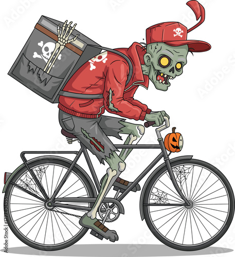 Zombie delivery rider on bicycle, cartoon undead courier character, horror Halloween illustration, spooky transport concept, creepy skull box design, funny scary scene