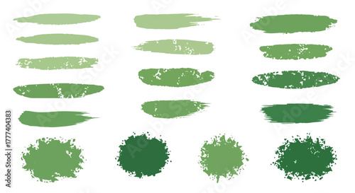 A set of twelve green textured brush strokes and splatters arranged in three columns on a white background