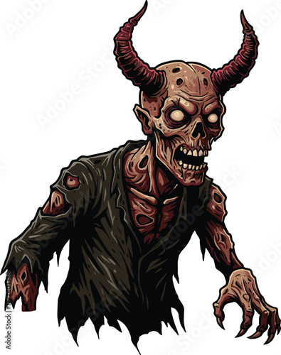 Zombie demon character, horror fantasy vector, undead monster, skeletal face, curved horns, tattered robe, clawed hands, scary creature, grotesque supernatural beast