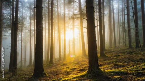 Ethereal forest mist sunlight piercing through pine trees mossy ground golden hour glow serene woodland path tranquil nature scene atmospheric woodland ambiance