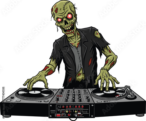 Zombie DJ spinning vinyl turntables, horror music party concept, undead disc jockey character, Halloween entertainment, cartoon vector for stock content