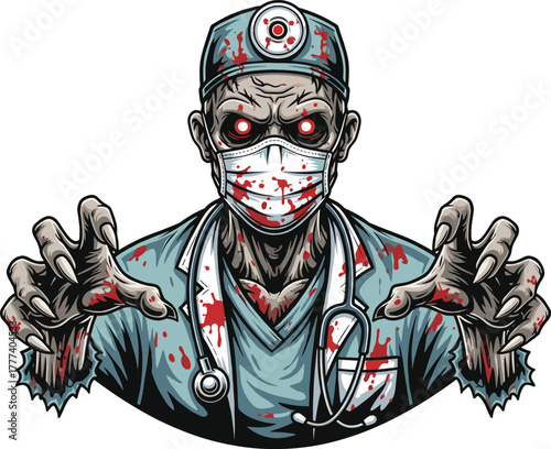 Zombie doctor vector, cartoon undead medic with stethoscope and mask, horror healthcare character, Halloween surgeon illustration, scary hospital monster, bloodstained scrubs