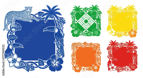 A set of colorful tropical jungle themed frames with a leopard and toucan.