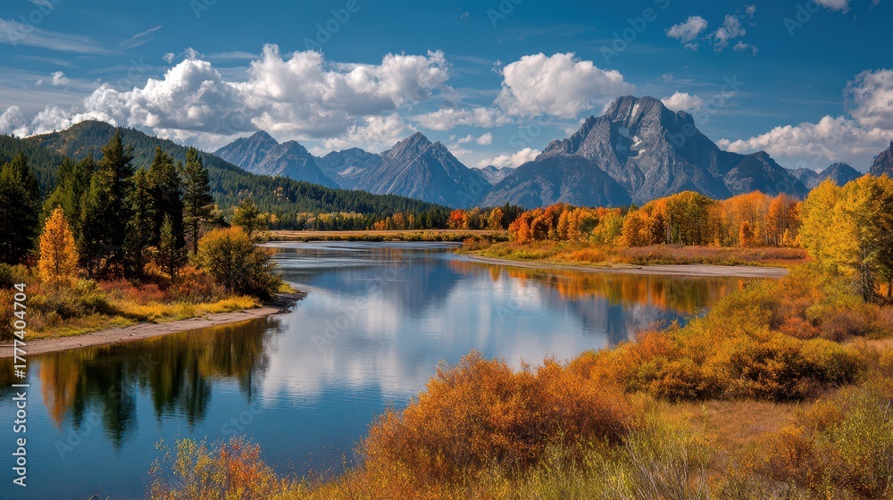 Obraz premium Jackson Wy. Oxbow Bend - A Beautiful & Colourful Autumn Scene in America