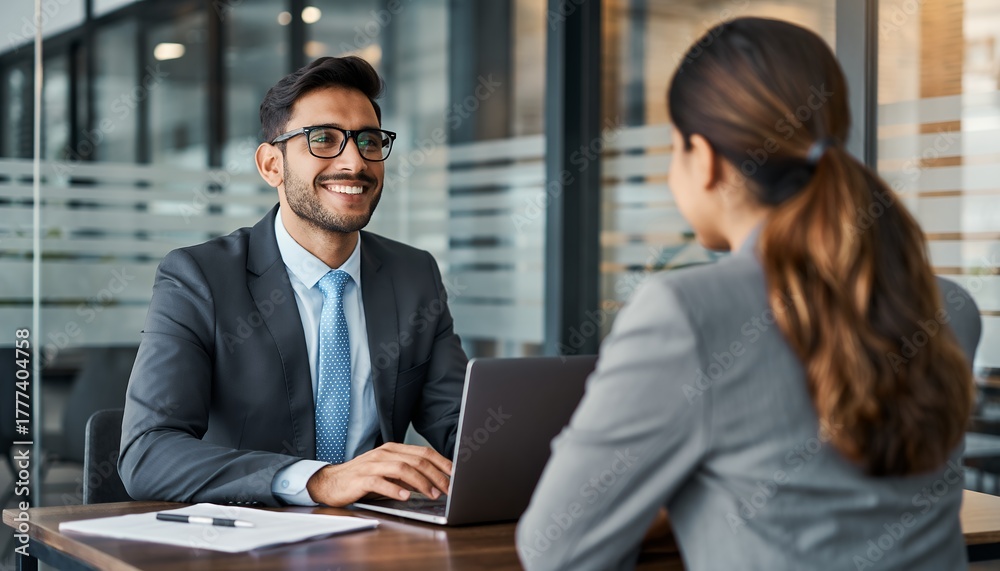 Fototapeta premium Smiling businessman in suit using laptop during meeting with female colleague in office. Concept for recruitment interview, performance appraisal and company growth