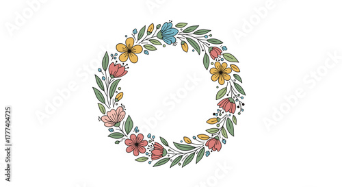A charming hand-drawn floral wreath in a circular shape, adorned with various colorful flowers and green leaves on a white background.