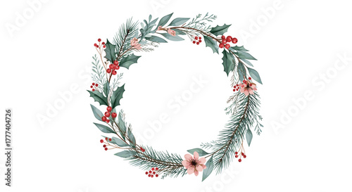 A beautiful watercolor illustration of a festive Christmas wreath featuring green foliage, red berries, and soft pink flowers, perfect for holiday season designs.
