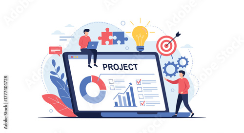 Business people collaborating on project management, analyzing charts, completing tasks, and strategizing for success.