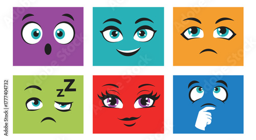 Colorful cartoon faces depicting various emotions like surprise, happiness, sadness, sleepiness, flirtation, and contemplation.