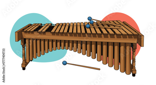 A wooden marimba instrument, featuring several mallets resting on its keys and scattered below, set against a background with abstract colored circles.