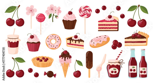 A delightful collection of cherry-themed desserts, sweets, and beverages, featuring cakes, donuts, ice cream, and refreshing drinks.