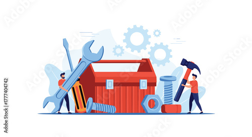 Two small figures working with oversized tools and a toolbox, surrounded by mechanical parts and gears, symbolizing repair, maintenance, and engineering.