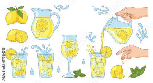 A vibrant collection of illustrations showcasing fresh lemons and the refreshing process of making and enjoying homemade lemonade with ice and mint.