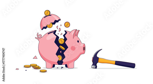 A shattered pink piggy bank with gold dollar coins spilling out, representing broken savings, financial distress, or accessing emergency funds.