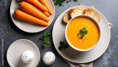 Fototapeta Naklejka Na Ścianę i Meble -  Creamy Carrot Soup with Toasted Bread and Fresh Carrots.