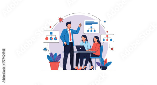 A male business leader guides two female colleagues through a collaborative project, presenting data and strategies in a dynamic team meeting.