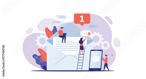 People interacting with digital messages and notifications, symbolizing email marketing, online communication, and service management.