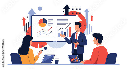 Business professionals analyzing financial data and growth strategies during a corporate meeting or presentation.