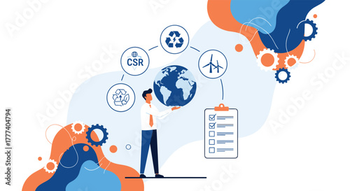 Businessman managing global sustainability, CSR, and environmental initiatives with icons for recycling, renewable energy, and a checklist.