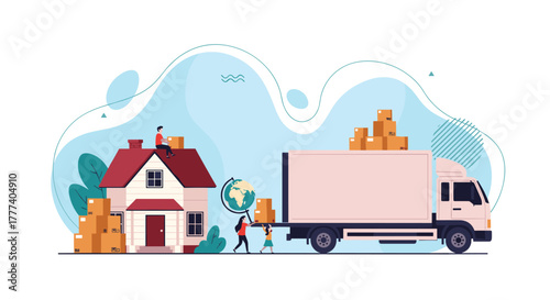 People moving into a new home with a large delivery truck and cardboard boxes, symbolizing relocation and global delivery services.