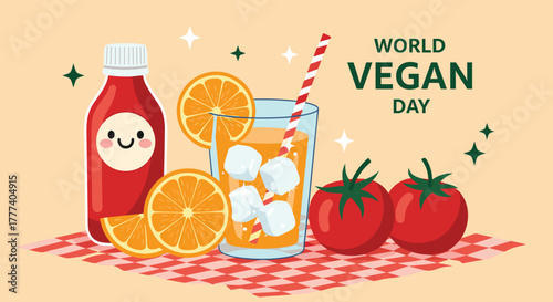 A vibrant illustration celebrating World Vegan Day with fresh fruits, vegetables, and refreshing drinks arranged on a picnic blanket.