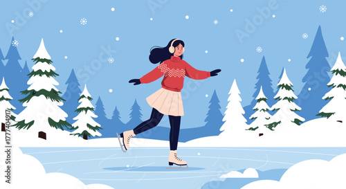 Young woman enjoying a peaceful ice skating session on a frozen lake in a beautiful snowy winter forest.