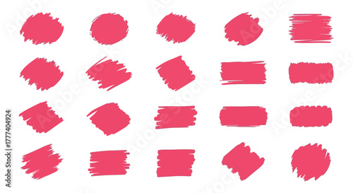 Array of 20 crimson brush strokes in assorted shapes evenly spaced on a white background