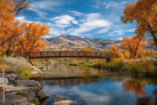 Fototapeta Naklejka Na Ścianę i Meble -  Jordan River Utah. Bridge Over River, Water Under Blue Sky in Autumn Landscape