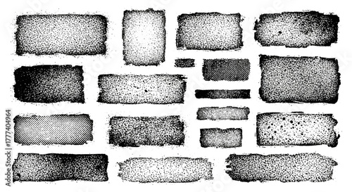 A textured collage of rectangular blocks with varied grayscale patterns and irregular edges