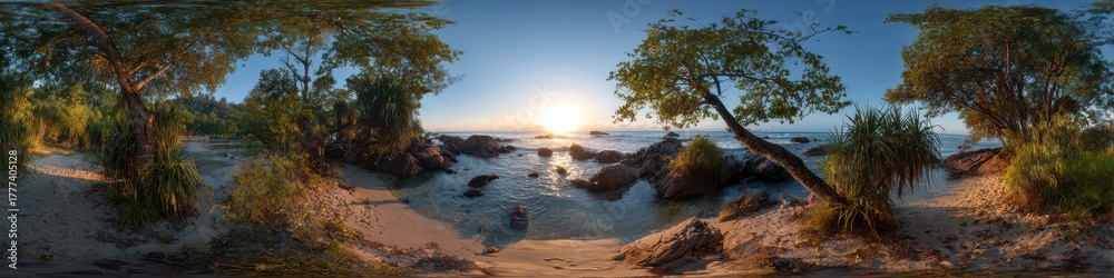 Obraz premium Jungle 360. Sunset Seascape at Masoala National Park, Madagascar: Panoramic View of Beach