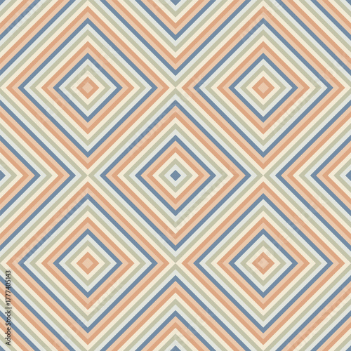 Seamless geometric pattern featuring concentric diamond shapes in soft pastel shades of blue, orange, and beige. Ideal for textile prints, wallpapers, wrapping paper