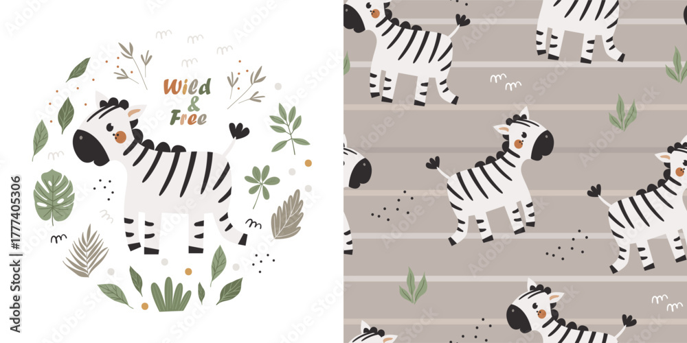 Obraz premium Children's set of poster and seamless pattern with cute zebras. Perfect for kids bedding, fabric, wallpaper, wrapping paper, textile, t-shirt print.